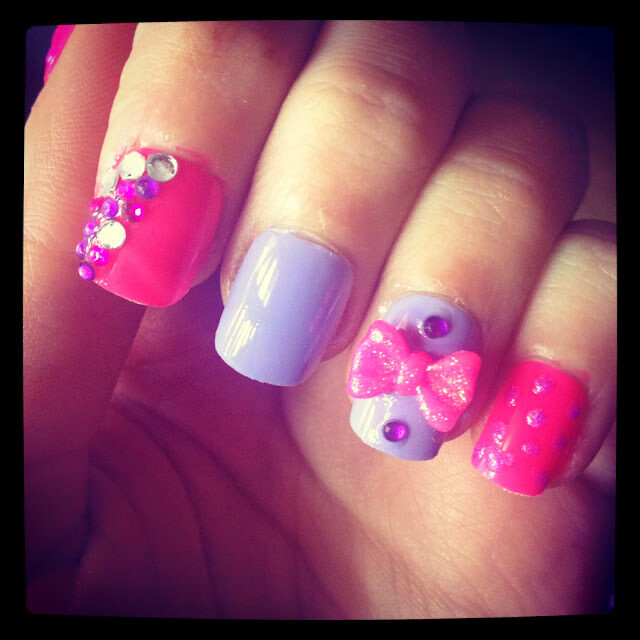 Nails Pink purple bows and stars